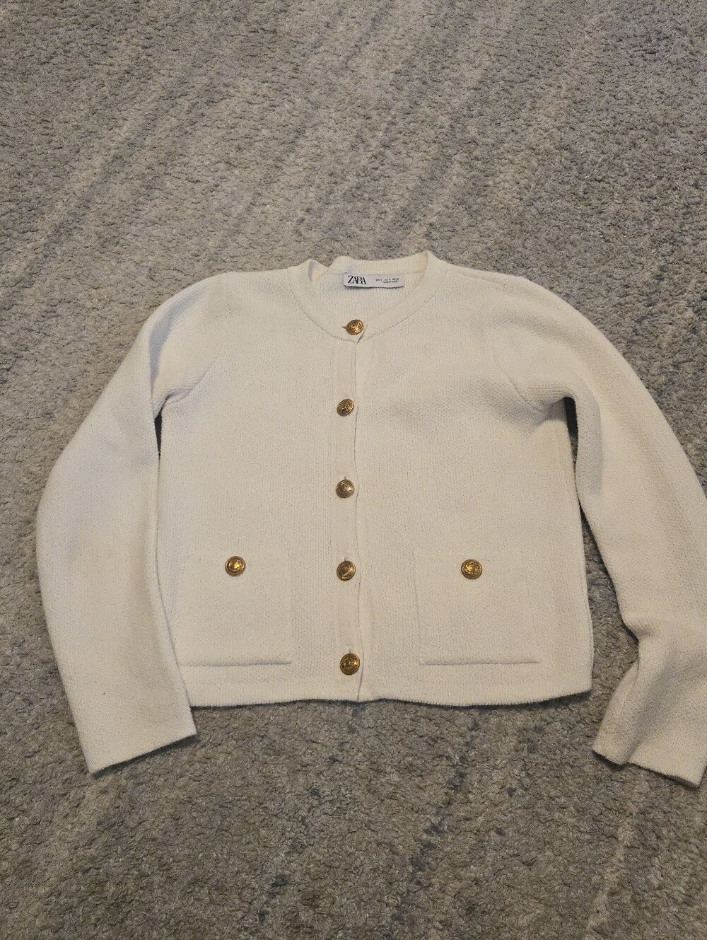 ZARA Cream Knit Cardigan Sweater Gold Crest Buttons Textured Cream Ivory Women's